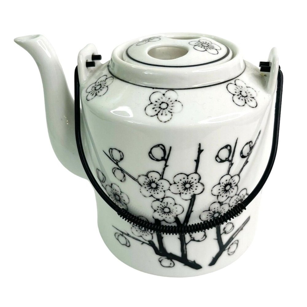 Teapot Oriental Barrel Kiri Porcelain with Lid Strainer Spout 2 Wire Handle 5"
